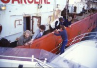 Boat along side in 1984..left to right Mike Barrington, Simon Barrett, and Johnny Lewis