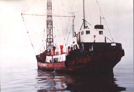 M.V. Mi Amigo on a very calm North Sea 16 miles off the Essex coast 